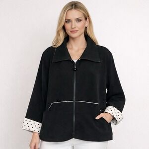 Caroline Rose Black Zip Front Jacket Medium Polka Dot Cuffs Pockets Layering